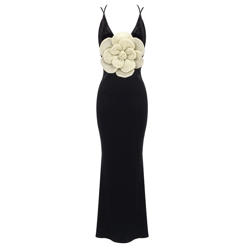 Black Camisole Backless Slim Fit Golden Flower Dress - Black