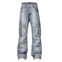 High Street American Washed Distressed Pleated Multi-pocket Denim Overalls - Light Blue - View 1