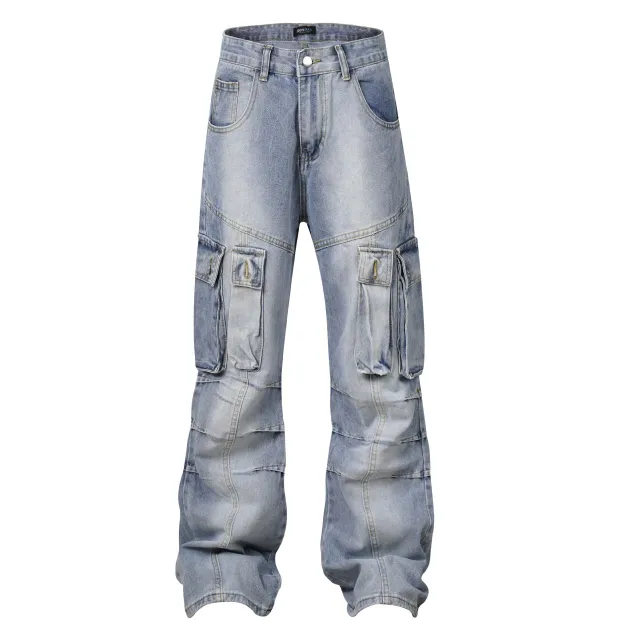 High Street American Washed Distressed Pleated Multi pocket Denim Overalls Light Blue - Shop at LoveMi