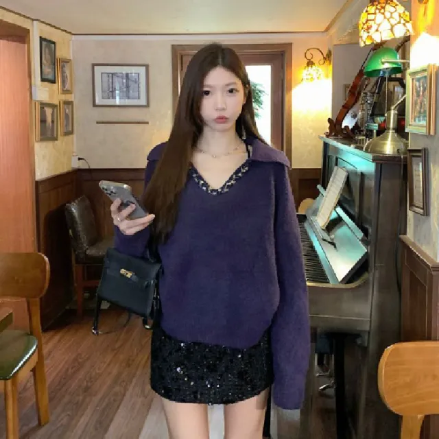 Women's New Retro Loose Slim fit Knitted Sweater Purple - Shop at LoveMi