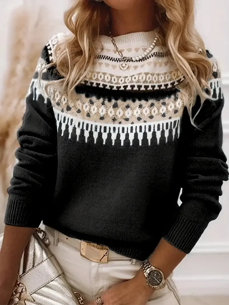 Women's Round Neck Multicolor Loose Fashion Pullover Sweater - Black