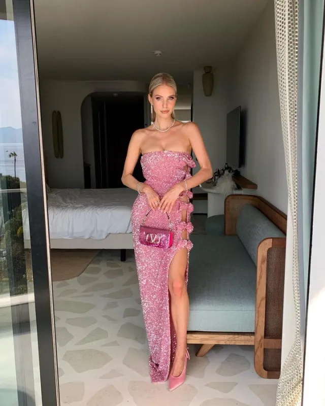 Women's Off shoulder Slimming Sequins Backless Bow Split Tight Long Dress Pink - Shop at LoveMi
