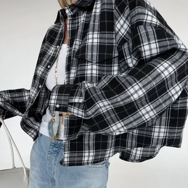 Black And White Lattice Pattern Shirt Loose fitting Women's Black - Shop at LoveMi