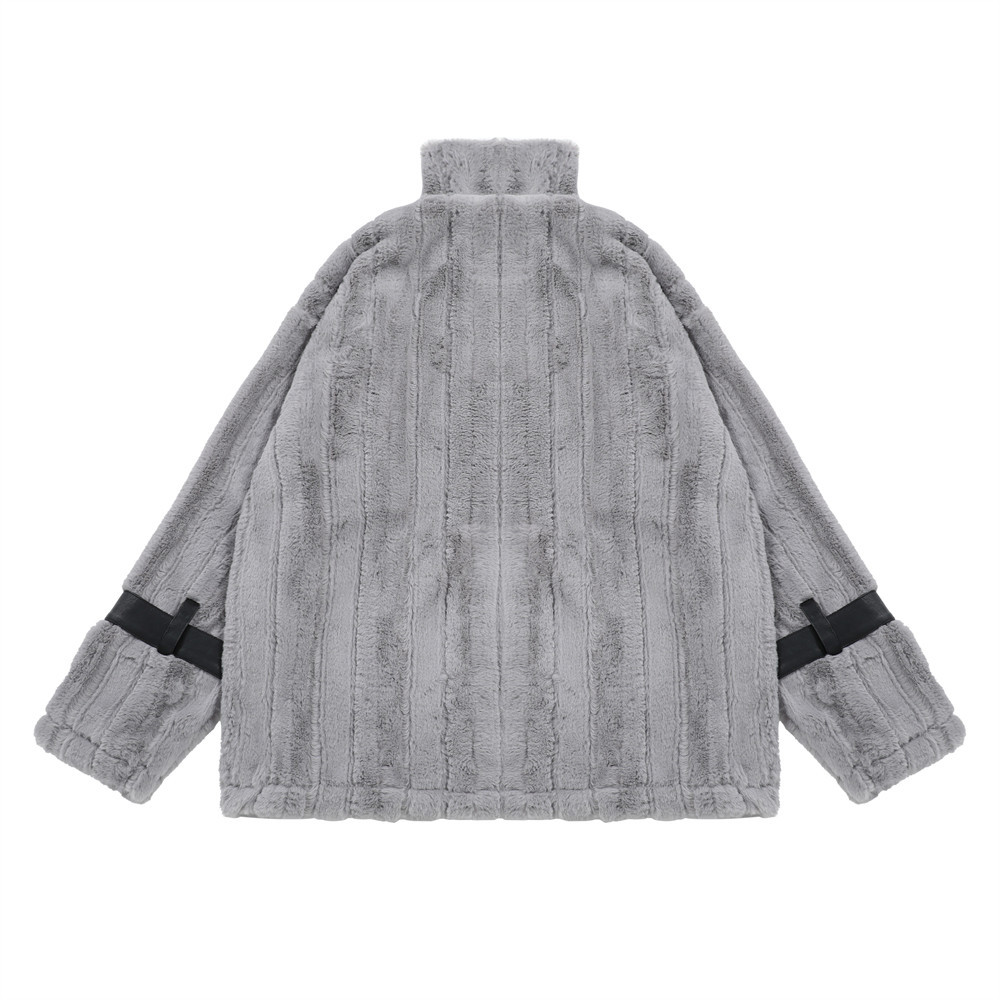 Pocket Color Contrast Patchwork Pu Lamb Wool Stand Collar Coat