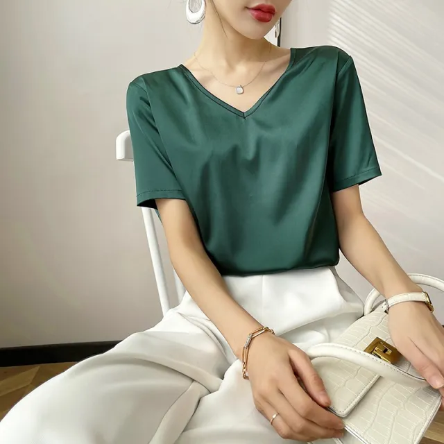 Short Sleeve Loose V neck Satin Bottoming Solid Color Inner Wear Suit Top Emerald L - Shop at LoveMi