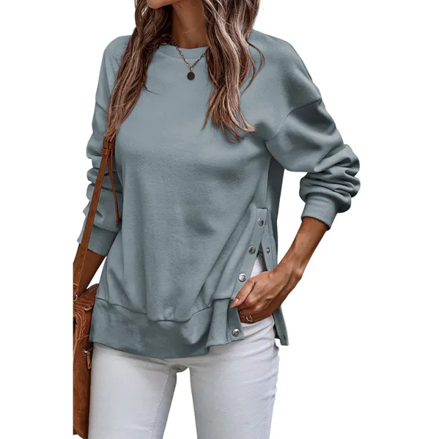 Solid Color Pullover Women's European And American Leisure Style Slit Loose Flab Hiding Long Sleeve Bathroom Lc25316883P1004Color - Shop at LoveMi