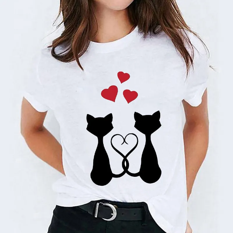 Cat Flamingo Round Neck Print T-shirt Short Sleeve Women's Clothing - Style 1012