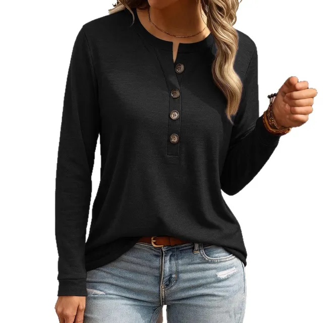 Women's Casual V neck Placket Long Sleeve Pullover Multi color Sweater Black - Shop at LoveMi