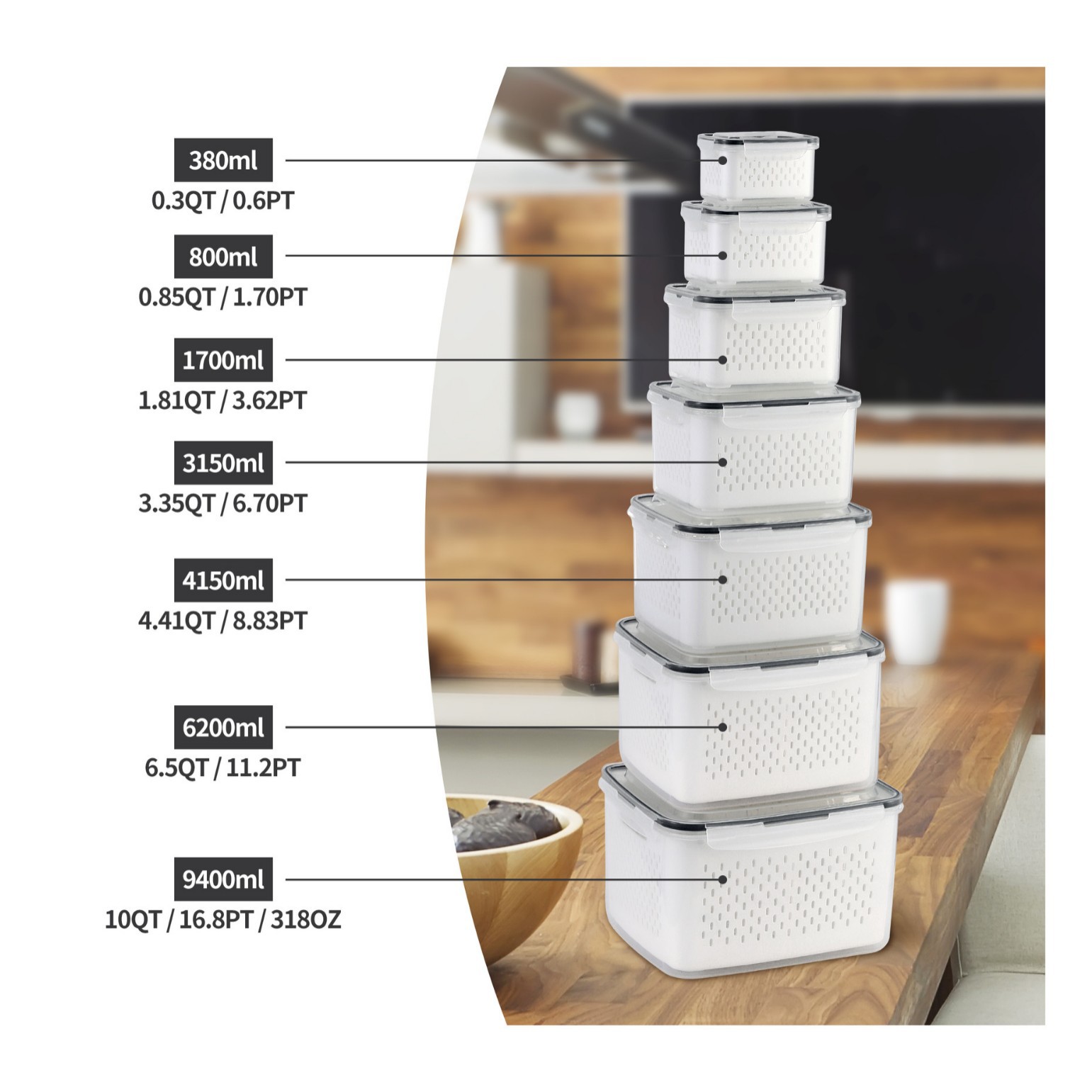 Double-layer Draining Plastic Food Storage Container Set 8