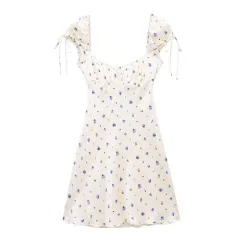 Square Collar Lace Up Flower Printed Silk Satin Texture Dress - White - View 1