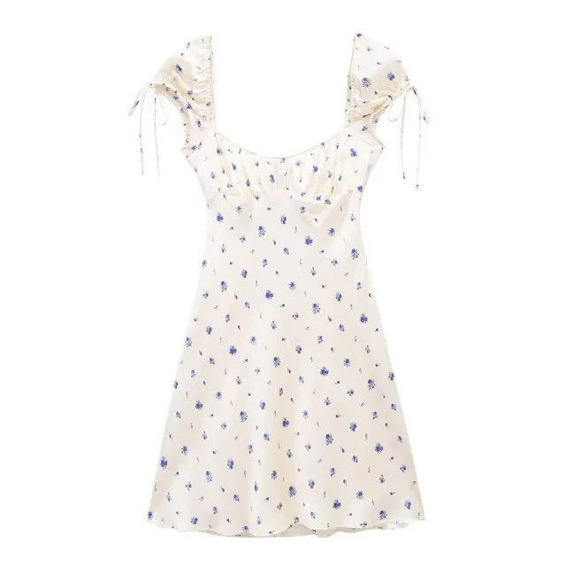 Square Collar Lace Up Flower Printed Silk Satin Texture Dress White - Shop at LoveMi