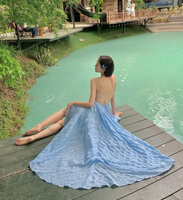 Summer Seaside Waves A Blue Sheer Vacation style Backless Dress Blue - Shop at LoveMi