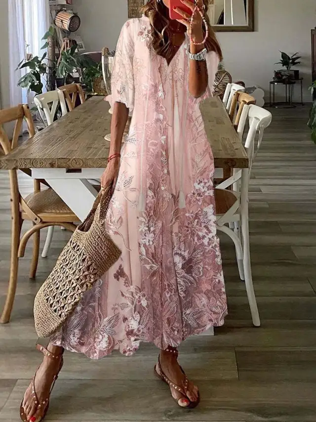 Dress Elegant Graceful Long Dress Summer Lace Print Casual Skirt Pink - Shop at LoveMi
