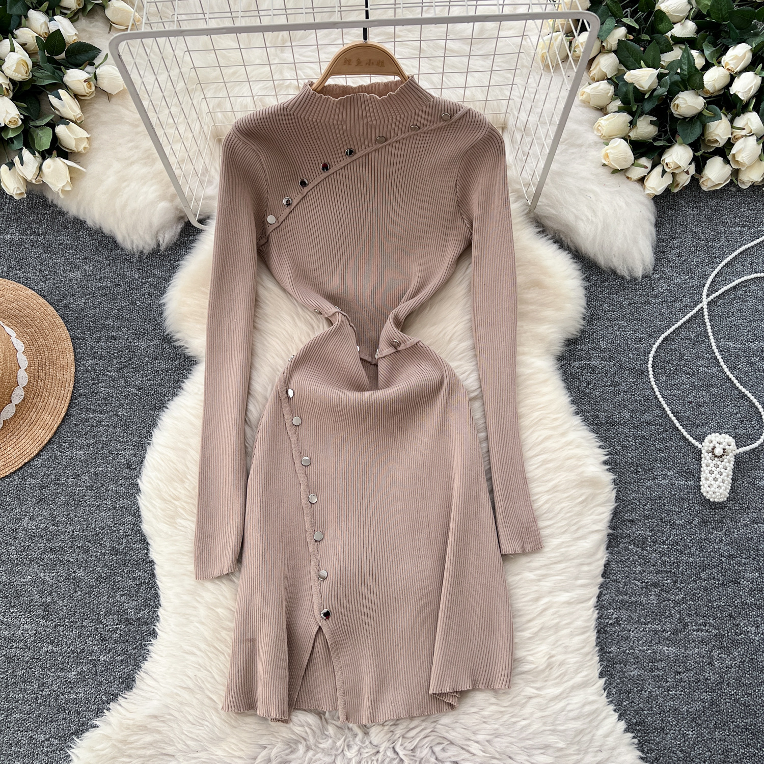 Women's Metal Button Slim Slimming Half Turtleneck Knitted Dress