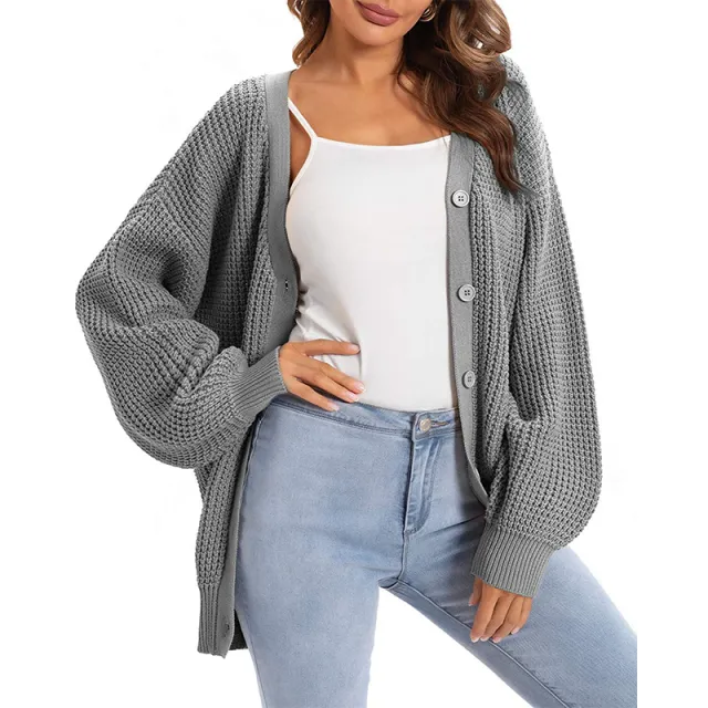 Women's Mid length V neck Knitted Cardigan Sweater Gray - Shop at LoveMi