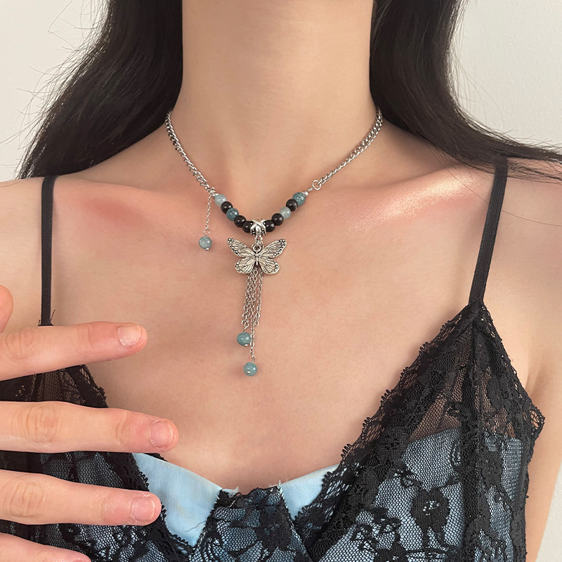 Vintage Butterfly Beaded Tassel Necklace