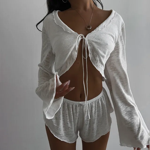 Women's Fall V neck Ruffle Top Shorts Suit White - Shop at LoveMi