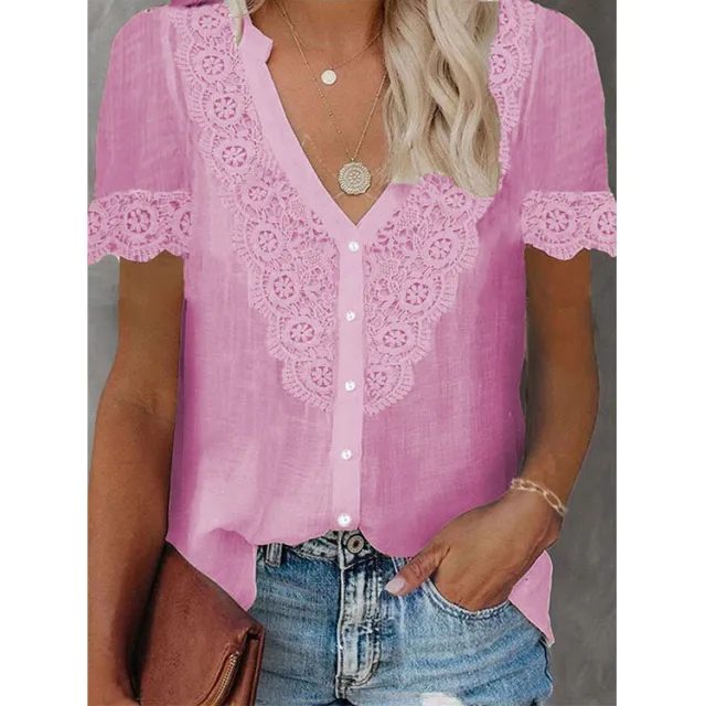 Summer New Women's Lace Stitching Tencel Short Sleeve Shirt Rose Red - Shop at LoveMi