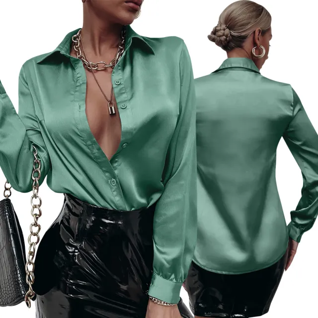 Satin Pleated Long sleeved Top Casual Loose Light Green - Shop at LoveMi