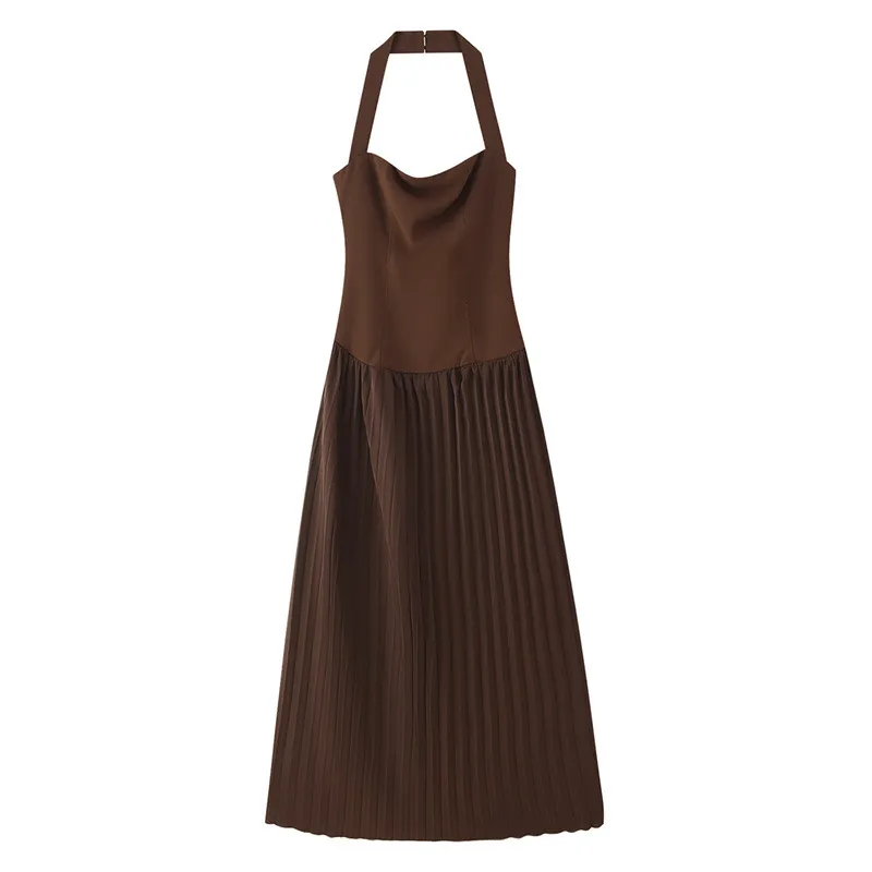 Sexy Halter Tube Top Pleated Long Dress - Coffee