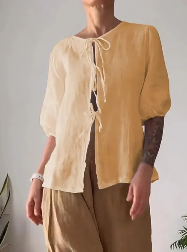 Fashion Casual Solid Color Round Neck Tied Shirt Wide Leg Pants Two piece Set Yellow Shirt Khaki Pants - Shop at LoveMi
