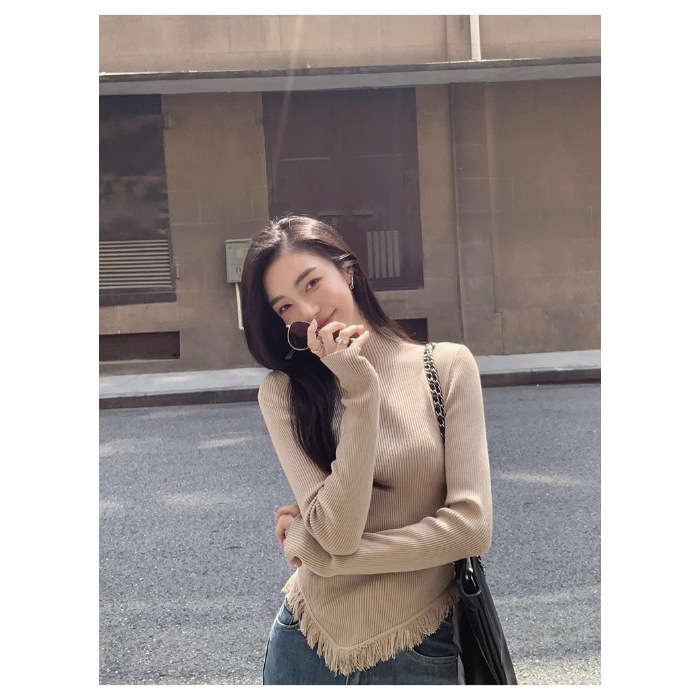 Women's Solid Color Semi High Neck Tassel Knit Base Sweater - Image 7