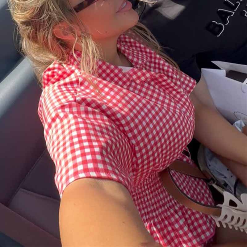 Red And White Plaid Short-sleeve Shirt And Shorts Set - Image 2