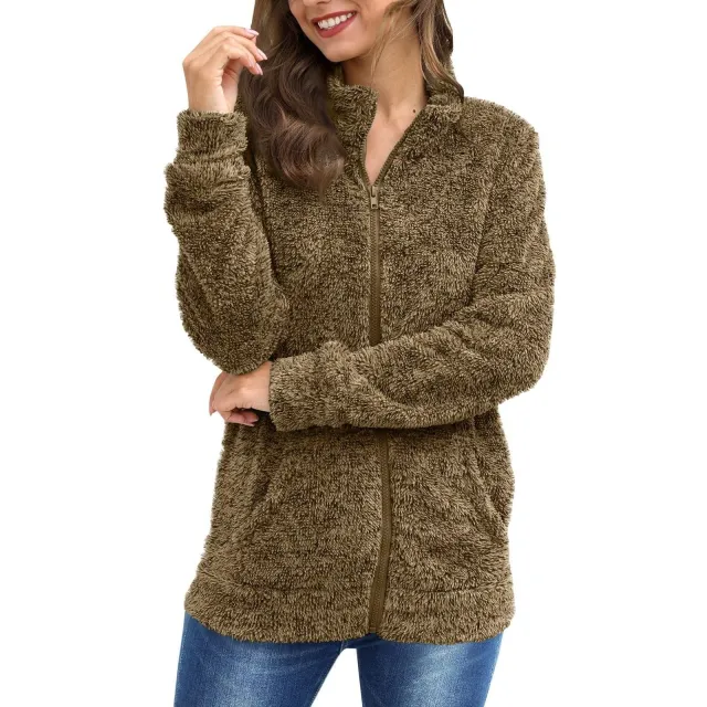 Women's Long Sleeve Plush Loose And Warm Fashionable Jacket Dark Brown - Shop at LoveMi