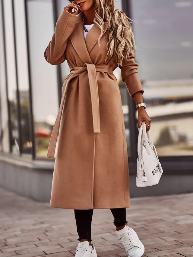 Autumn And Winter Simplicity Long Sleeve V neck Lace Up Woolen Coat Top Women Khaki - Shop at LoveMi