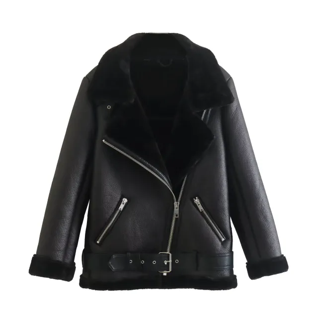 Women's Fashion Fur Integrated Leather Coat Top Black - Shop at LoveMi