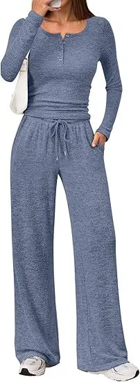 Two piece Set Women's Long sleeve Blouse Wide Leg Pants Fashion Casual Set Blue - Shop at LoveMi