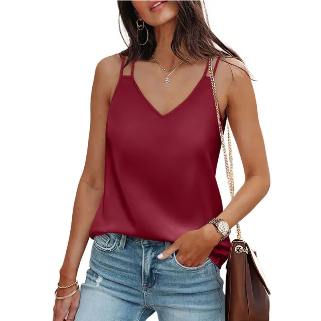 New Solid color V neck Camisole Loose fit T shirt Red - Shop at LoveMi