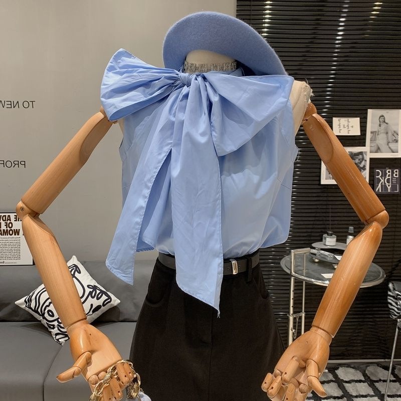 Light-luxury Chic Niche Round-neck Sleeveless Top With Tie-up Bow Detail