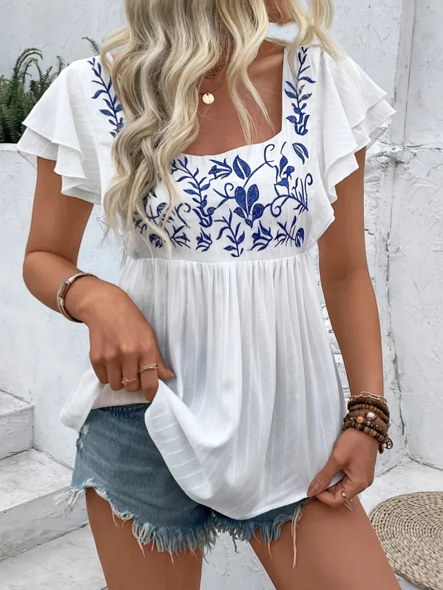 Women's Casual Printed Square neck Pullover Shirt White - Shop at LoveMi