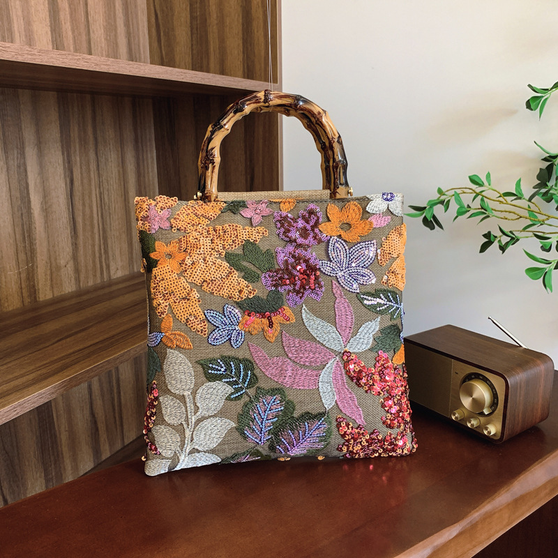 Colorful Sequins Vintage Embroidered Bamboo Handbag
