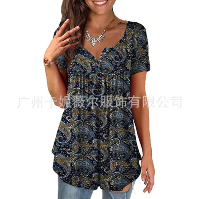 Women's Clothing Summer Fashion New Tops Digital Printing Casual Trend Short Sleeve Henley Shirt Blue - Shop at LoveMi
