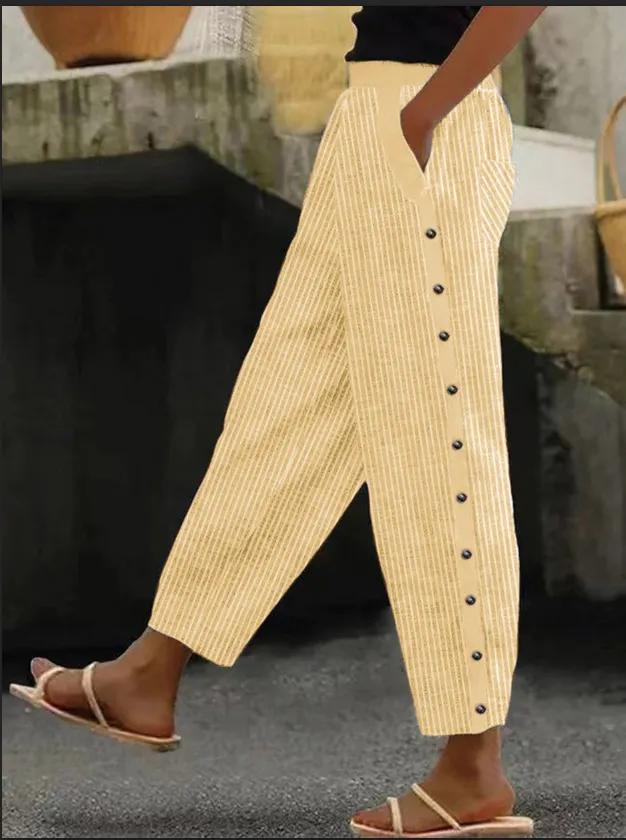 Printed Striped Button binding Elastic Waist Cropped Pants Khaki - Shop at LoveMi