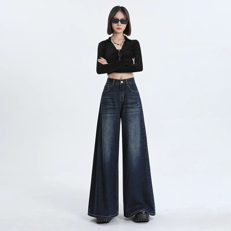 American Retro Women's High Waist Loose Wide Legs Jeans - Dark Blue