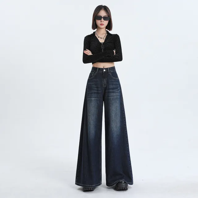 American Retro Women's High Waist Loose Wide Legs Jeans Dark Blue - Shop at LoveMi