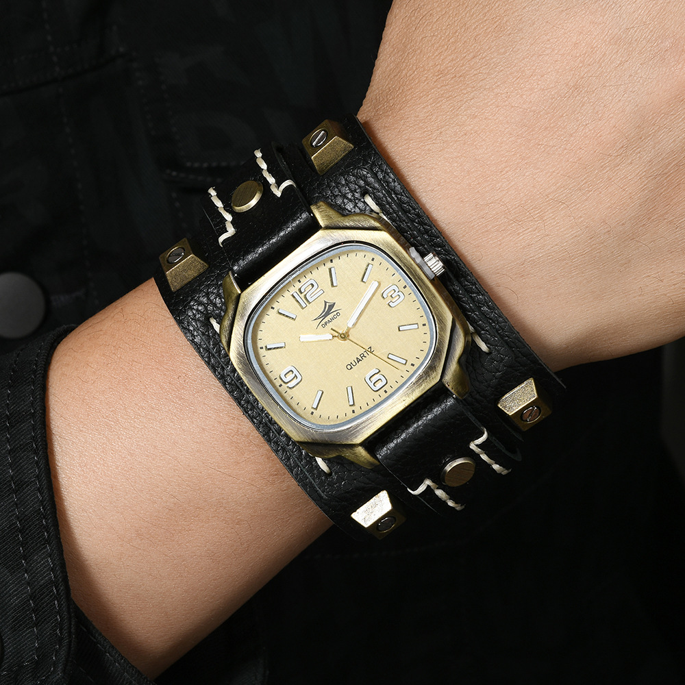 Vintage Studded Leather Watch Bracelet Adjustable Hand-stitched Cuff Black