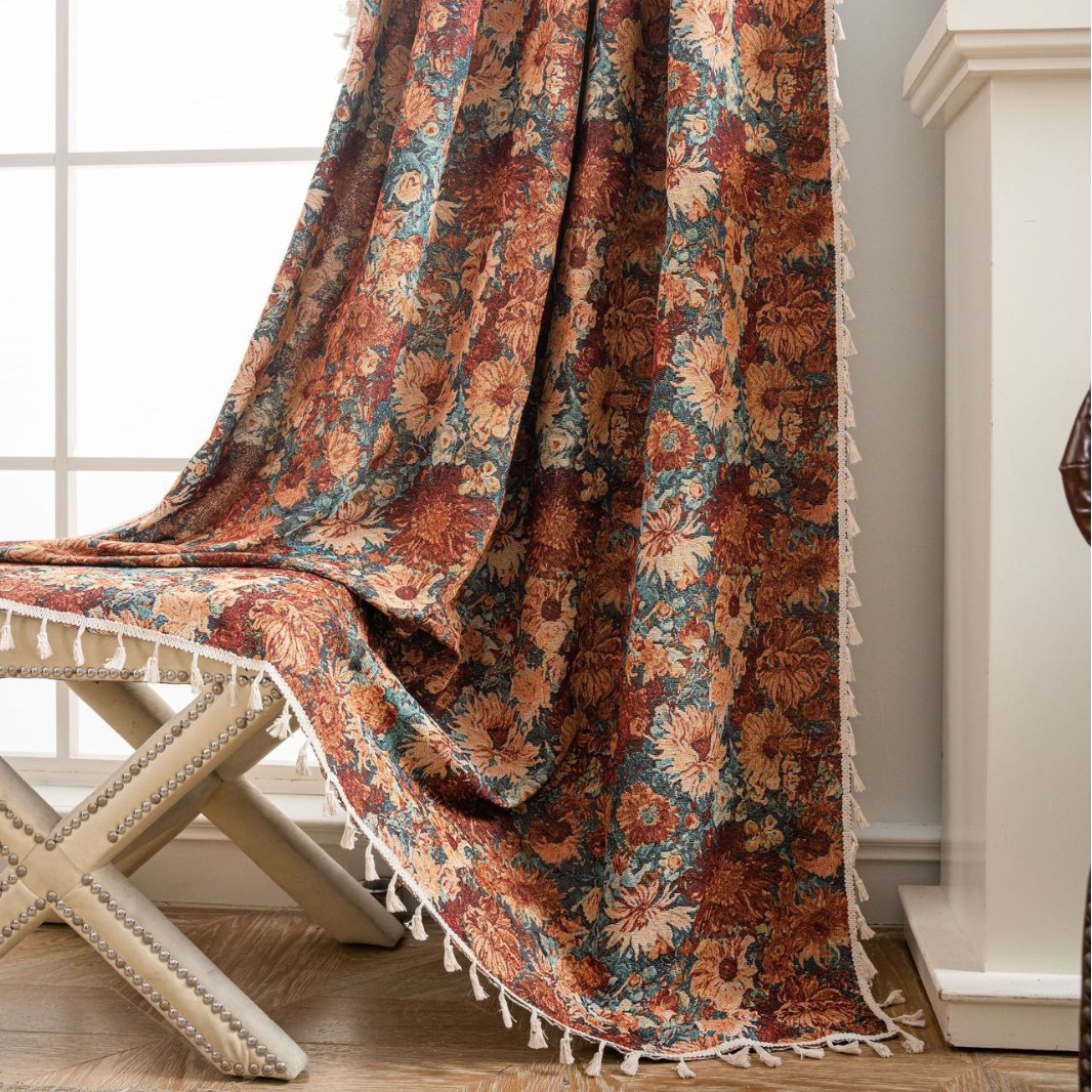 Creative Printing Jacquard Orange Floral Tassel Curtains