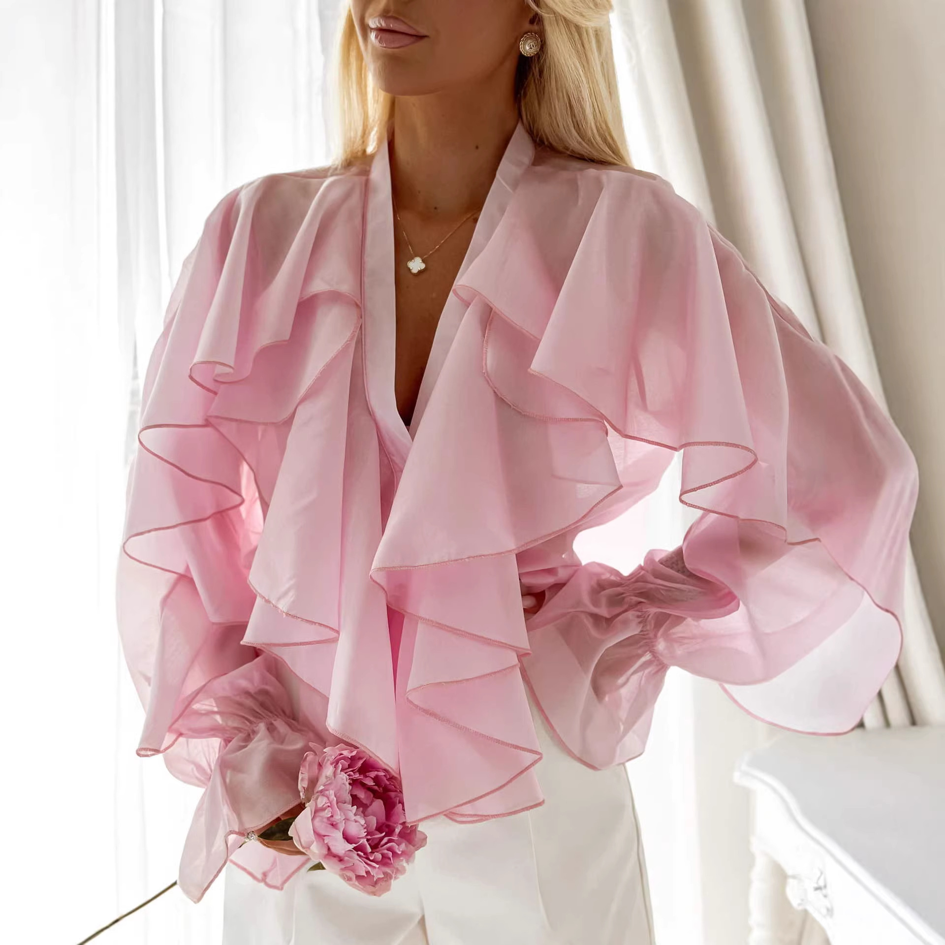 Ruffled Chiffon Blouse Womens Casual Top