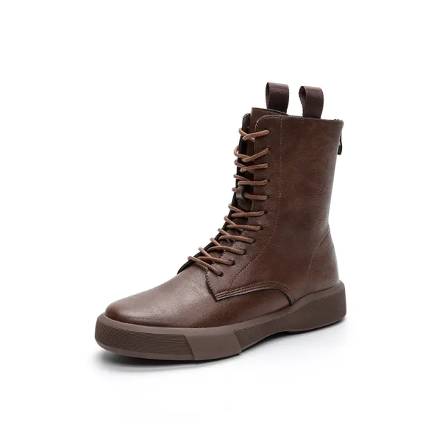 Flat Heel Retro Low Leather Boots Soft Bottom Lace Up Back Zipper Brown - Shop at LoveMi