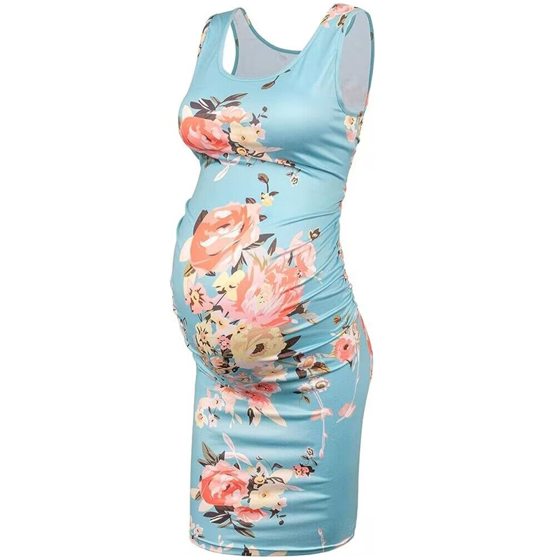Round Neck Sleeveless Printed Maternity Clothes Dress Light Blue - Shop at LoveMi