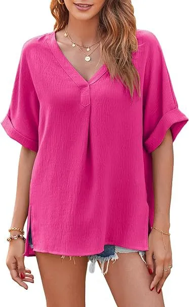 Spring And Summer Solid Color Short Sleeve Loose Blouse Rose Red - Shop at LoveMi