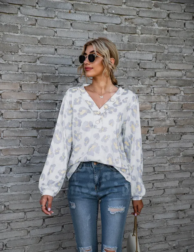 Leopard Print V neck T shirt Fashion Loose Long Sleeve Tops For Women Clothing White - Shop at LoveMi