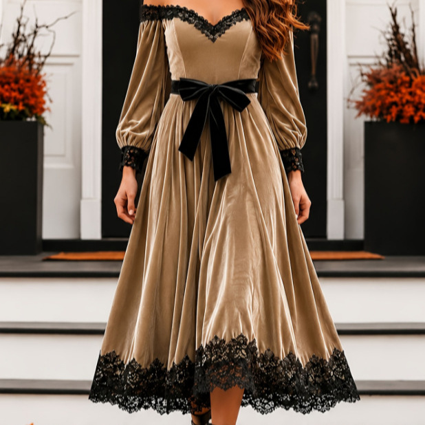 Sexy Lace-Panel Velvet Long-Sleeve Maxi Evening Dress