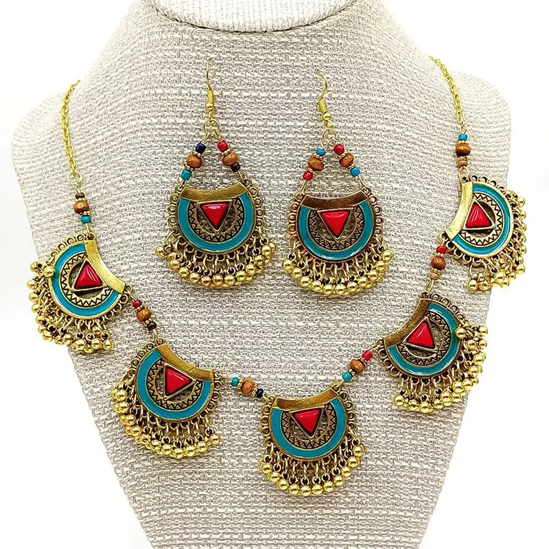 Women's Vintage Metal Indian Necklace And Earrings Suite