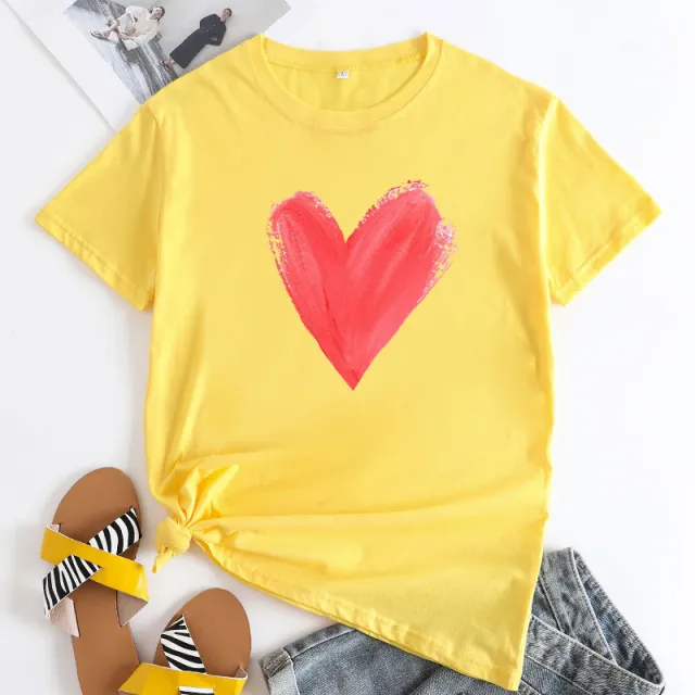 Women's Heart Printing Round Neck Short sleeved T shirt Yellow - Shop at LoveMi