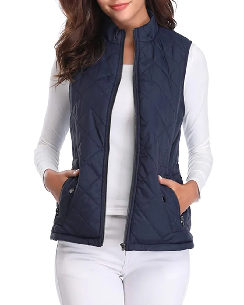 Women's Cotton Vest Stand Collar Zipper Pocket Warm - Navy Blue